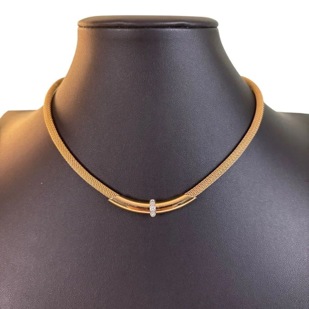 Vintage Avon Gold Tone Mesh Curved Bar Center Crystal Choker.